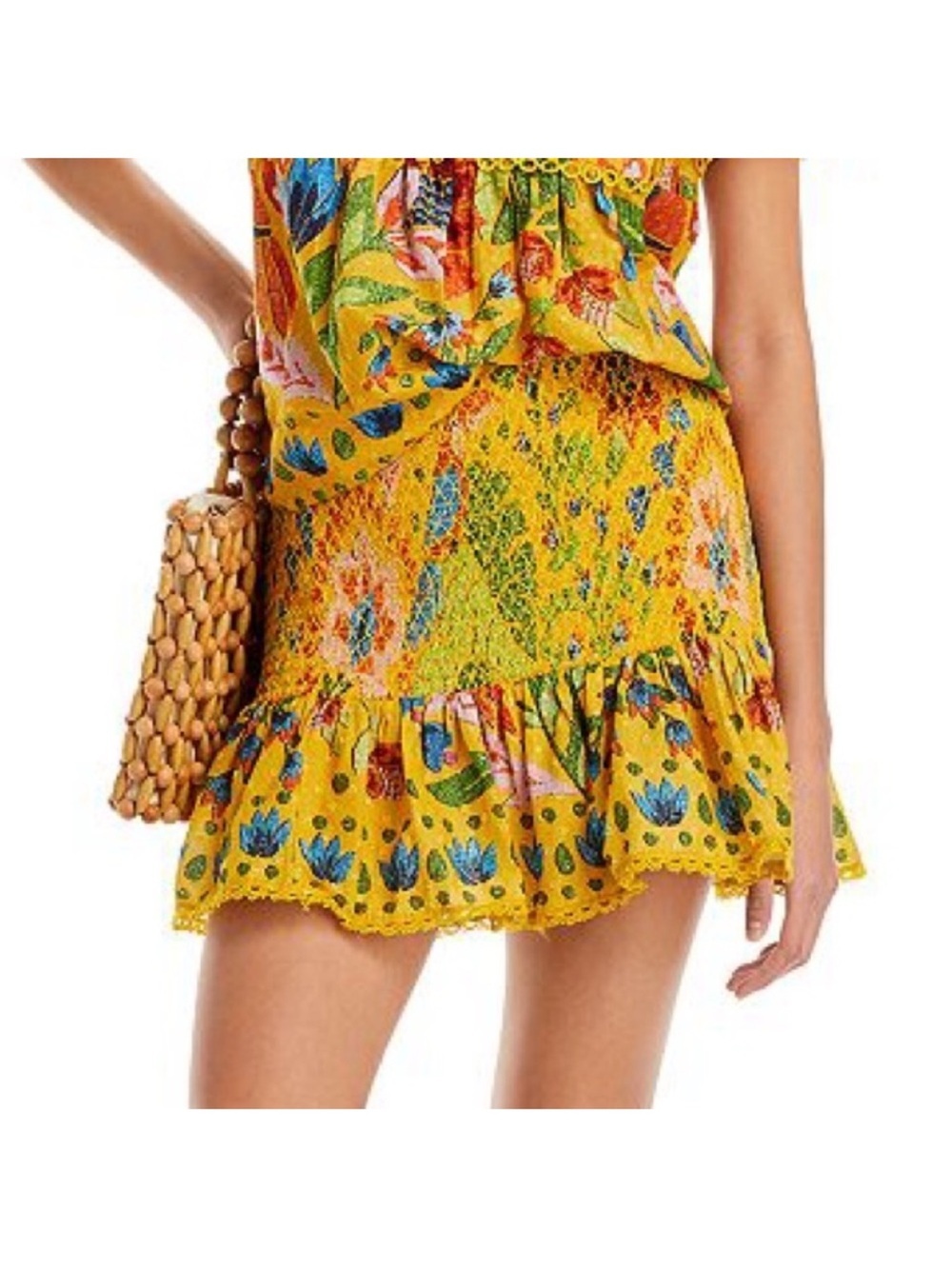 FARM Rio Yellow Floral Smocked Mini Skirt with Ruffle Hem Size M